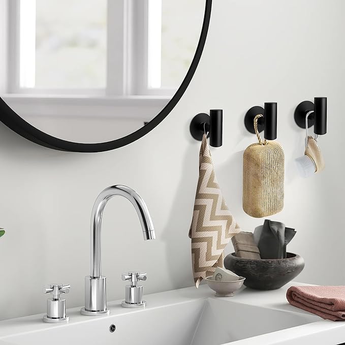 Adhesive Towel Hooks, Black SUS 304 Stainless Steel Hooks, Heavy Duty Waterproof Wall Hooks, Self Adhesive Coat Robe Hooks for Bathrooms Kitchen Wall Mounted (Black, 2 Pcs)