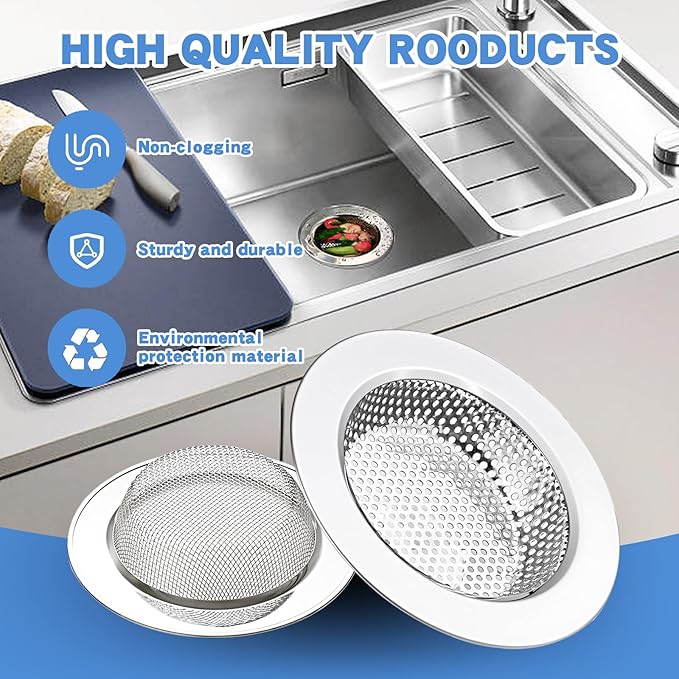 RQYEKDO Kitchen Sink Strainer Stainless Steel with Coarse Mesh4.4 Wide Rim Drain Strainer |Fits Standard Sinks & GarbageDisposals(Silver)(2pcCoarse & Fine Mesh)