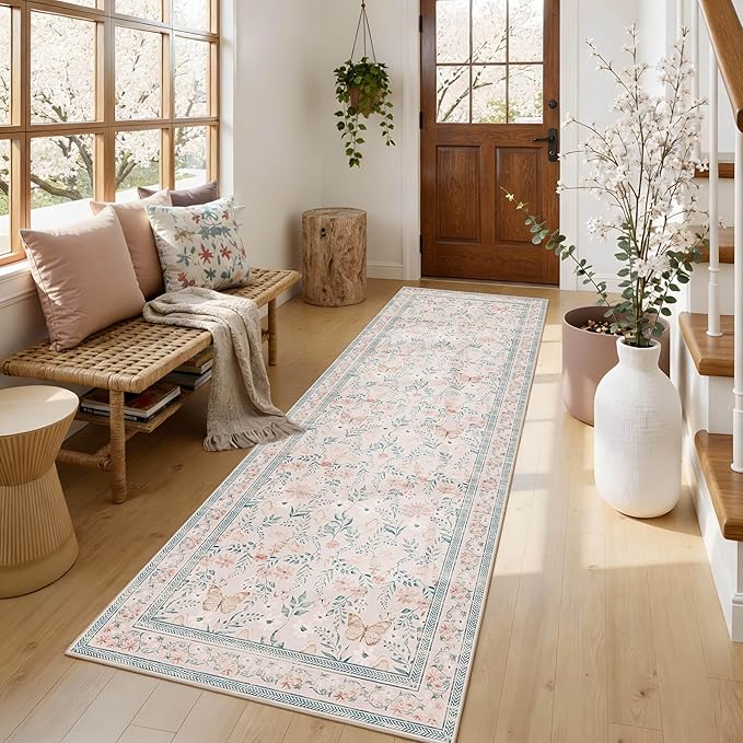 2x6 Floral Runner Rug, Washable Runners for Hallways, Pink Vintage Boho Kitchen Rugs, Non Slip Hallway Runner Carpet for Indoor Hallway, Kitchen, Laundry Room and Bathroom