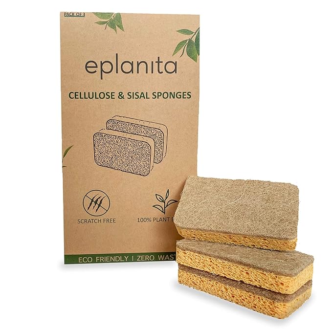 eplanita Natural Plant Based Scrub Sponges (3 Pack), Non-Scratch, Biodegradable Eco Scourers for Kitchen and Bathroom