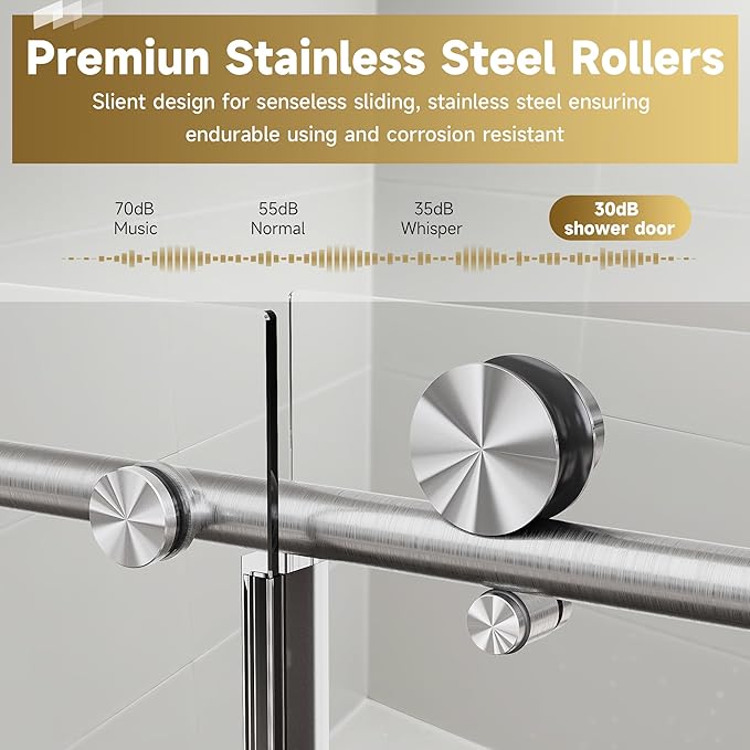 Frameless Sliding Shower Door 72” W x 76” H, 3/8” Tempered Glass, Single Bypass Shower Enclosure with Reversible Door, Quiet Rollers, Anti-Jump Safety System,Brushed Nickel Stainless Steel