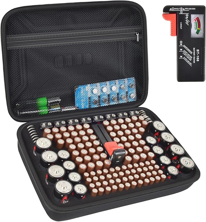 Battery Organizer Box Storage Case with Tester, Batteries Vault Holder Bag Container for 158+ Batteries Variety Pack AA AAA AAAA C D 9V 3V Lithium LR44 CR2 CR123 CR1632 18650 (Black)