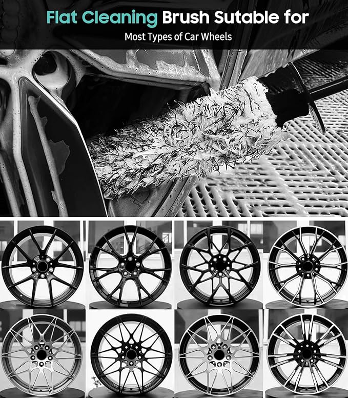 YeewayVeh Car Cleaning Brush Wheel Brush Kit, Soft Microfiber Flat Wheel Rim Cleaner Brush with 2 Removable Covers, Wheel Cleaning Brush and Car Wash Mitt for All Vehicles Truck SUV Cleaning