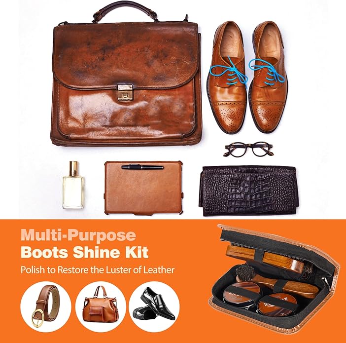Topus 8 Pieces Shoe Polish Kit, Includes 2Pcs 1.4Oz Brown Shoe Wax, 3 Pieces Horsehair Boots Brushes, 2Pcs Shine Cloths