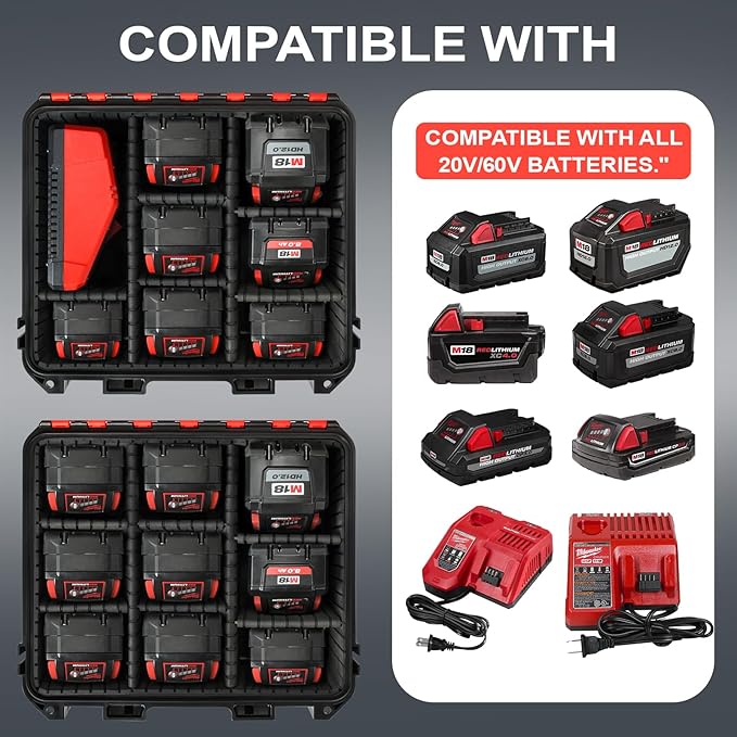 Storage Case for Milwaukee Battery - Waterproof Hard Shell Tool Bag with 9 Adjustable Dividers for Milwaukee M18/ M12 12V/20V/60V Battery & Chargers, Organizer Box (Case Only)