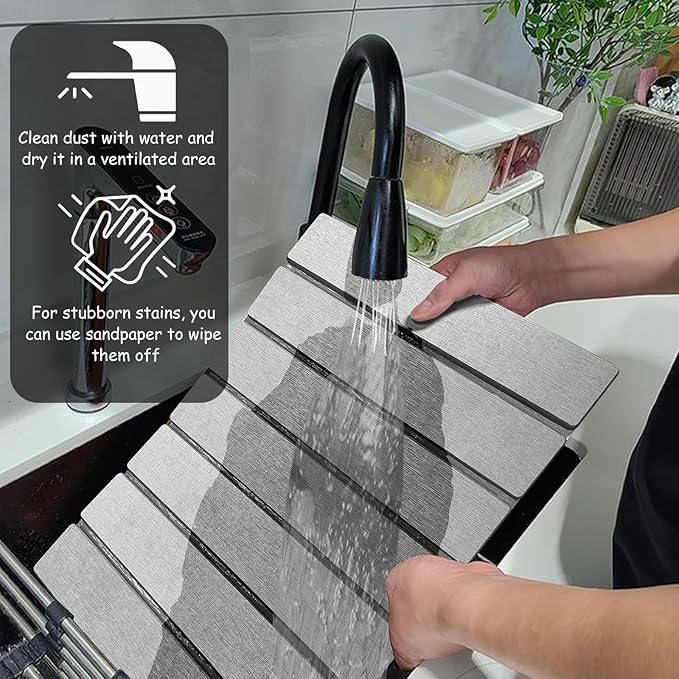 Stone Dish Drying Mat For Kitchen & Bathroom - Diatomaceous Earth, Quick Dry, Collapsible, Non - Slip Pvc, Rounded Corners, 15.7 X 11.8 IN, Absorbent, Natural Material For Dishes, Cups & More