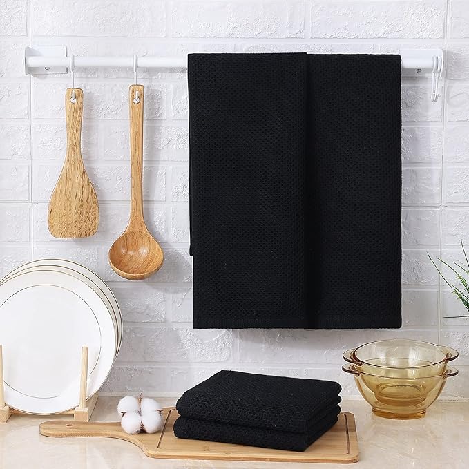 Kitinjoy 100% Cotton Waffle Weave Kitchen Hand Towels (13 x 28 Inches, Black), 4-Pack Super Soft and Absorbent Dish Towels for Drying Dishes