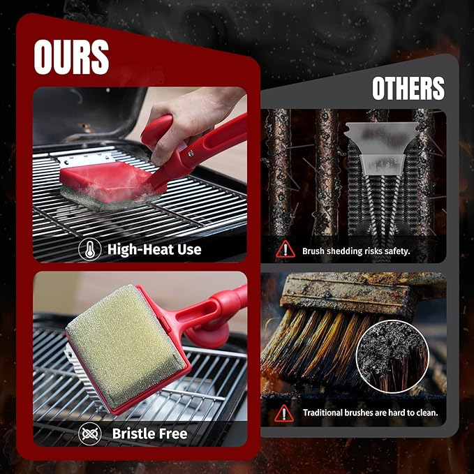 Grill Brush Bristle Free with Aramid Fiber - 600°F Heat Resistant Steam Cleaning Brush, Dual Handle BBQ Grill Cleaning Brush with Scraper, Replaceable Head for Outdoor Grill Weber Traeger Grates
