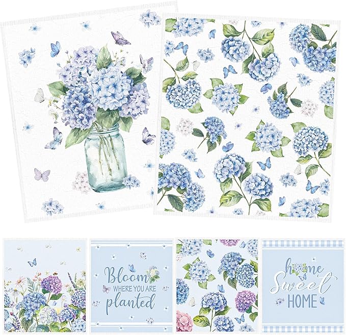 Floral Swedish Dishcloths for Kitchen, 6 Pack Blue Hydrangea Reusable Dish Paper Hand Towels Housewarming Gifts, Spring Absorbent Dish Rags for Home Cooking Cleaning