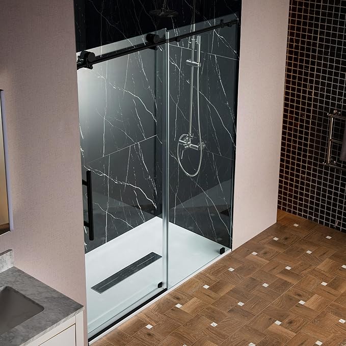 Woodbridge Frameless Sliding Shower Doors with Soft Close System, 57.5-60" Width x 76" Height with 3/8"(10mm) Clear Tempered Glass in Matte Black Finish, BSDC6076-BL