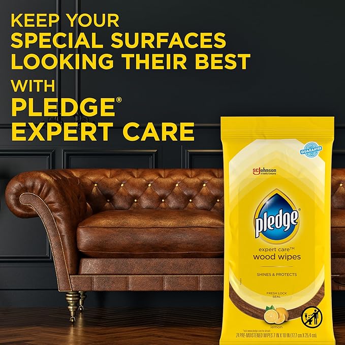 Pledge Expert Care Enhancing Wood Wipes, Lemon Scent, 24 Count (Pack of 2)