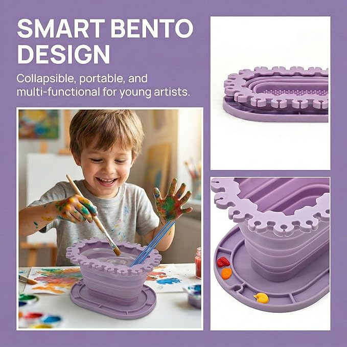 Foldable Silicone Paint Brush Cleaner Cup with Holder, Collapsible Basin for Acrylic, Watercolor & Oil Painting, Portable Artist Travel Supplies, Multi-Size Brush Drying Rack & Mixing Palette,Purple