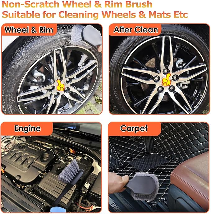 Tire Brush Wheel Cleaner Brush,Soft Bristle Cleaning Brush,Car Wash Brush Clean Tires & Wheel Releases Dirt and Road Grime,Car Accessories for Women/Men,Short Handle for Easy Scrubbing,Scratch-Fr-ee