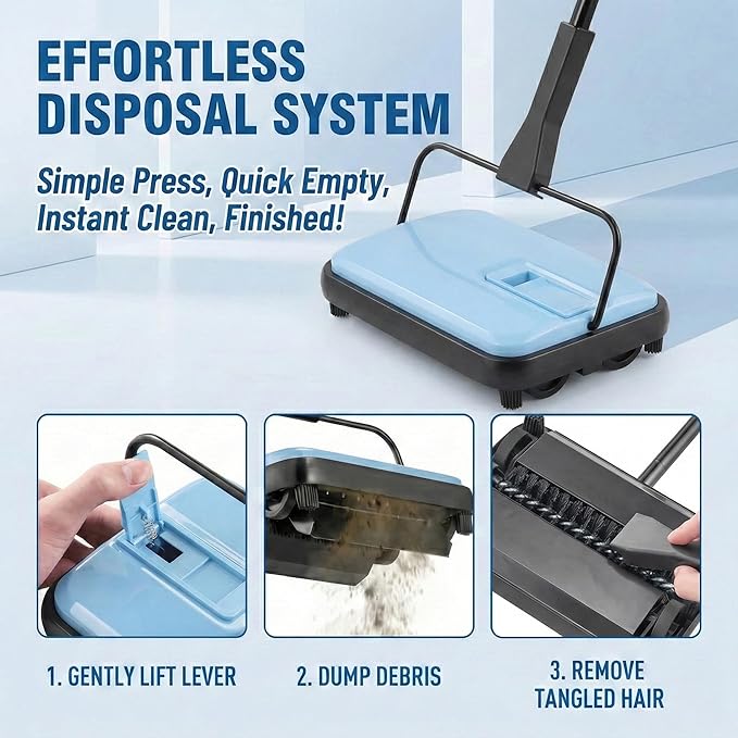Manual Carpet Sweeper, Electric-Free Quiet Floor Sweeper with 300ml Easy-Empty Dustbin, 6.7” Cleaning Width for Pet Hair, Crumbs, Dust on Carpets, Hardwood, Tile - Home & Office Use (Blue)