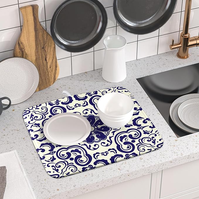 Boho Ethnic Design Dish Drying Mat for Kitchen Counter,Blue Bohemian Mandala Drying Mat 16 x 18 Inch with High Absorbent Reversible Microfiber Dish Drying Pad Dish Rack Pad Drainer Mat for Coffee Bar