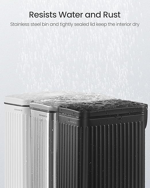 SONGMICS Bathroom Trash Can, 1.6-Gallon (6 L) Trash Bin with Lid, Slim for Small Spaces, Stainless Steel Garbage Can, Soft Close, Black ULTB563B02