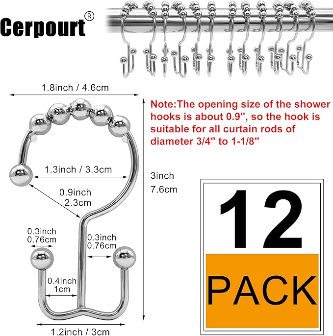 Shower Curtain Hooks,12 Pcs Rustproof Metal Shower Curtain Rings,Free Sliding Double Shower Hooks for Shower Curtain & Liners,Shower Curtain Hangers for Bathroom Shower Curtain Rods Curtains (Silver)