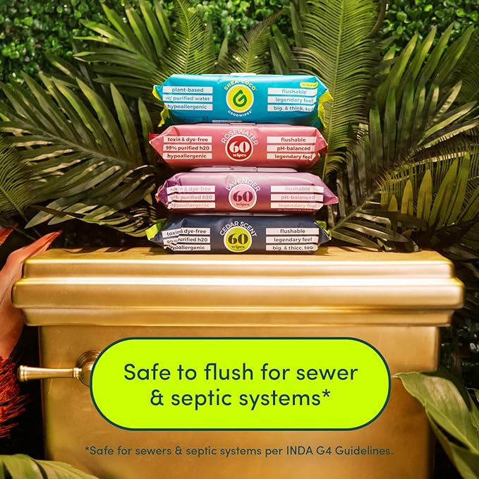 goodwipes Flushable Butt Wipes Made with Vitamin E & Aloe – Soft & Gentle Wet Wipe Dispenser for Home Use, Septic & Sewer Safe – Largest Adult Toilet Wipes – Rosewater, 60 Count