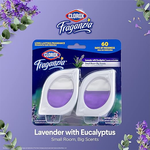 Clorox Fraganzia Small Rooms Air Freshener, Lavender with Eucalyptus - Peel & Place Air Freshener, No-Plug, Battery-Free for Closets, Laundry Room, Entry Way, Bathroom, 0.25 Fl Oz Each, 2 Count