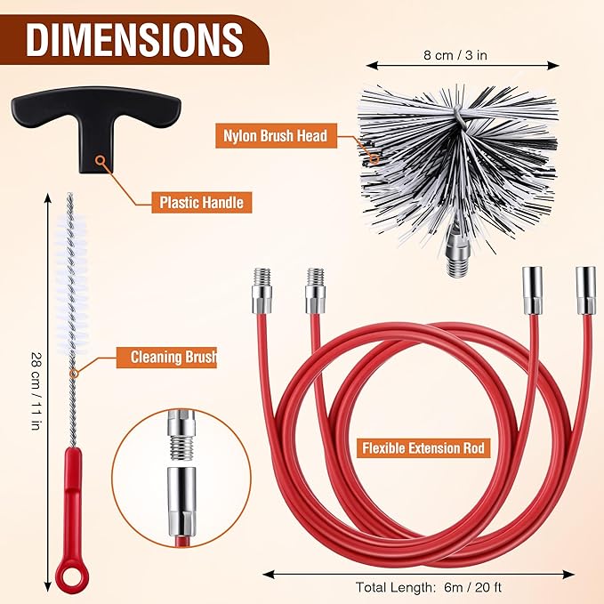 Feekoon Pellet Stove Cleaning Kit, 20 FT Flexible Steel Rod with 3" Brush Head, Flue Detail Cleaner, Pellet Stove Accessories for Vent Pipes Cleaning - Reduce Buildup & Improve Airflow