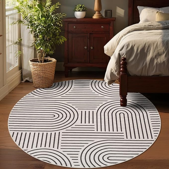 Washable Rug 6ft Area Rugs for Living Room, Abstract Rug for Bedroom, Soft Rainbow Non Slip Throw Rugs with Rubber Back, Low Pile Stain Resistant Boho Geometric Carpet for Dining Room,LightCamel