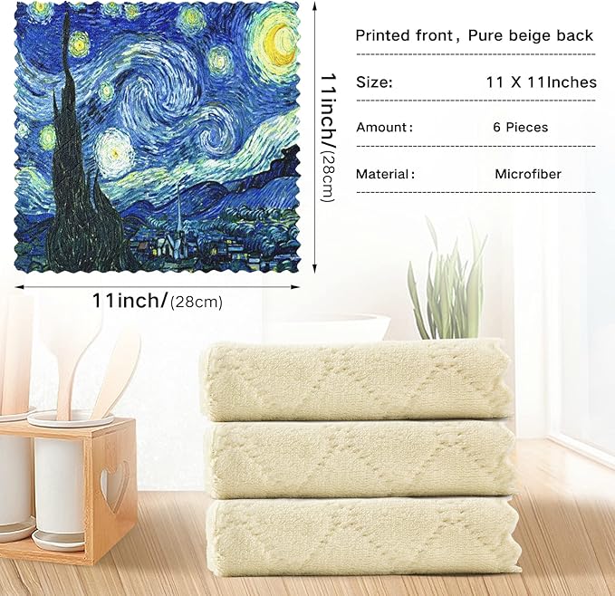 ALAZA Dish Towels Kitchen Cleaning Cloths Vincent Van Gogh Starry Night Dish Cloths Super Absorbent Kitchen Towels Lint Free Bar Tea Soft Towel Kitchen Accessories Set of 6,11"x11"