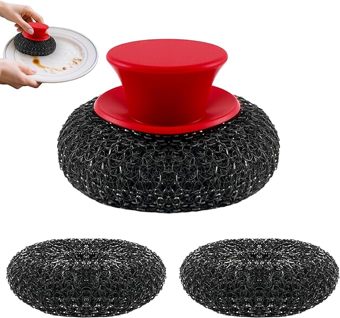 Stainless Steel Wool Scrubber with Rubber Handle & 2 Pads for Cleaning Dishes, Kitchen Pots, Pans, Grills (Red)