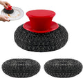 Stainless Steel Wool Scrubber with Rubber Handle & 2 Pads for Cleaning Dishes, Kitchen Pots, Pans, Grills (Red)