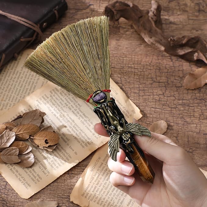 Witch Broom Witchcraft Supplies - Altar Supplies with Tiger Eye Stone Wiccan Stuff Goddess Magic Broomstick with Natural Healing Crystals Hexagonal Points Pagan Reiki Energy Clearing Decor