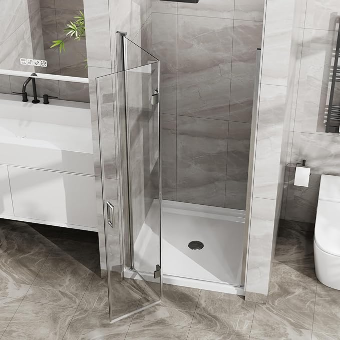 Frameless Bi-Fold Shower Door 34" W x 72" H, 1/4" Clear Tempered Glass, Folding Swing Design, Reversible Installation, Chrome Finish, Space-Saving Glass Shower Door for Small Bathrooms