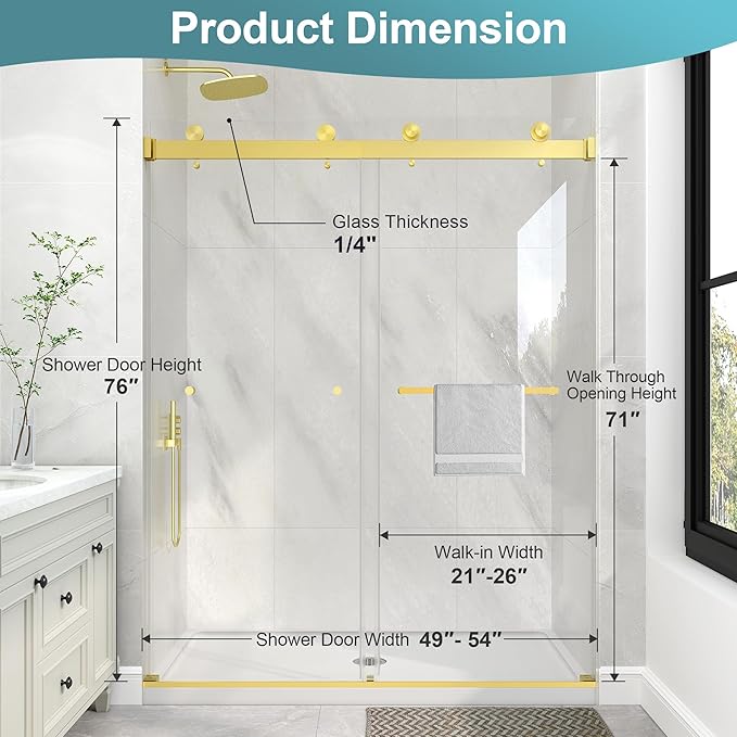 KPUY Frameless Shower Door, 49-54" W x 76" H Double Sliding Glass Shower Door, 1/4" (6mm) Thick Tempered Clear Glass with Explosion-Proof Film Nano Coating, Brushed Gold