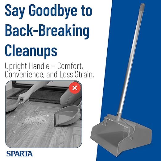 SPARTA Upright Dustpan with Aluminum Handle, Serrated Edge for Broom Combing, Secure Yoke Lock with Easy Storage Hanging Hole for Commercial Cleaning, Plastic, 30 Inches, Gray