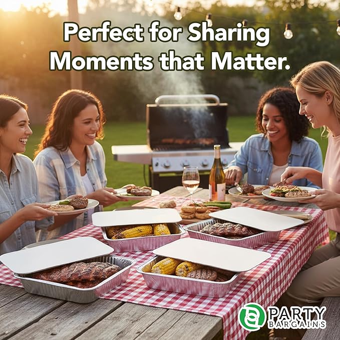PARTY BARGAINS 4 lb Aluminum Pans with Board Lids, 50 Pack – 12 x 8 in Disposable Foil Roasting & Steam Table Pans for Catering, Takeout, Meal Prep, Oven Safe up to 240°C