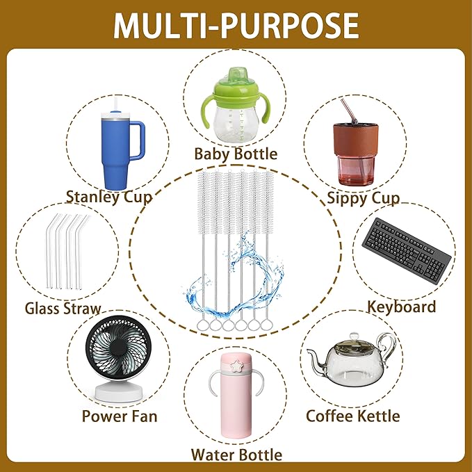 Straw Brush Cleaner with 304 Stainless Steel Handle,Straw Cleaner Brush Extra Long 12 Inch,Extra Wide 12mm Straw Cleaning Brush for Baby Bottles,Sippy Cups and Stanley Cups(6-Pack).