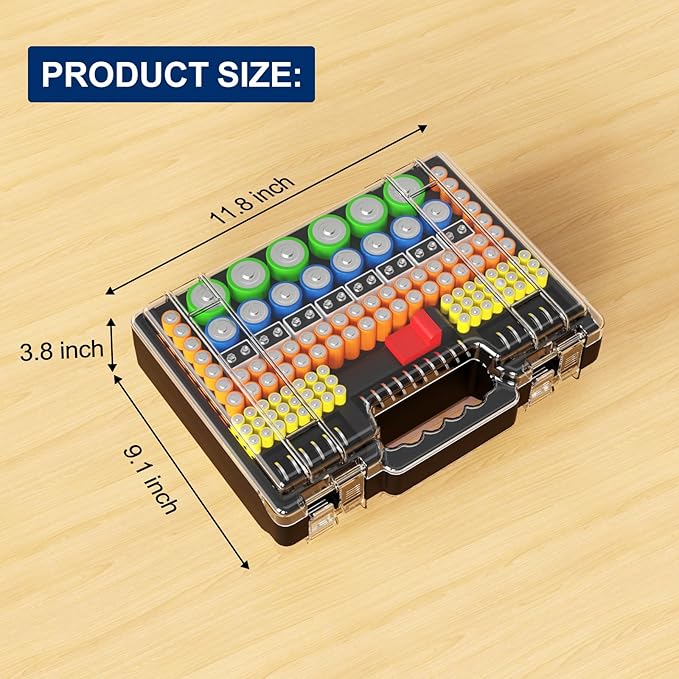 Battery Organizer Storage Holder Box Case with Tester, Stores & Protects Up to 260 Batteries, Double-Sided, Clear Locking Lid, Secure Latches & Portable Carrying Handle (Batteries Not Included)