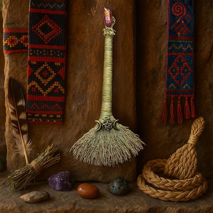 Witch Altar Mini Broom with Crystal and Triple Moon Decor - Wiccan Tools for Healing Energy Cleansing Altar Decoration (Red Crystal)