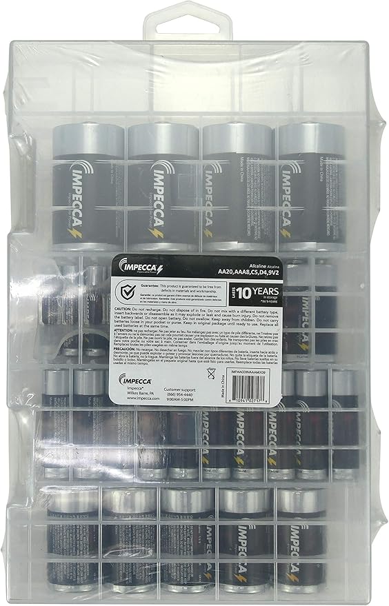 Impecca Super Alkaline Batteries AA-20 AAA-8 C-5 D-5 9Volt-2 Maximum Power 10-Year Shelf Life Long Lasting Batteries Combo Pack with Battery Storage Box Organizer, 39 Batteries Variety Pack