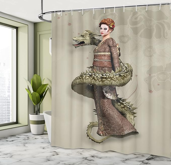 Ambesonne Fantasy Shower Curtain, Westernly Geisha with Cry Make-Up Wrapped by Spiralling Dragon, Cloth Fabric Bathroom Decor Set with Hooks, 69" W x 75" L, Eggshell Green