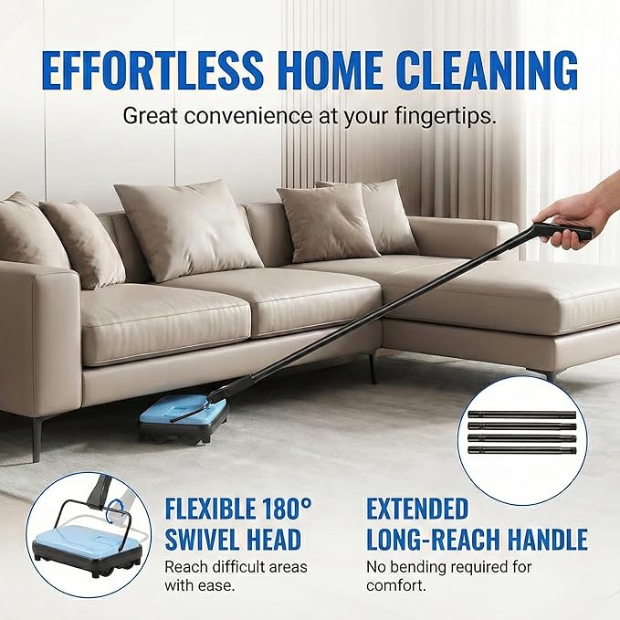 Manual Carpet Sweeper, Electric-Free Quiet Floor Sweeper with 300ml Easy-Empty Dustbin, 6.7” Cleaning Width for Pet Hair, Crumbs, Dust on Carpets, Hardwood, Tile - Home & Office Use (Blue)