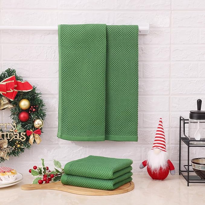 Kitinjoy 100% Cotton Waffle Weave Kitchen Hand Towels (13 X 28 Inches, Grass Green), 8-Pack Super Soft and Absorbent Dish Towel for Drying Dishes
