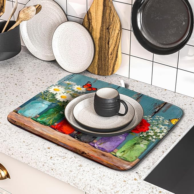 Spring Summer Floral Dish Drying Mat for Kitchen Counter 16x18 Flower Bottle Butterfly Woodgrain Seasonal Absorbent Reversible Microfiber Drying Mats Kitchen Countertop Protector Dishes Drainer Pad