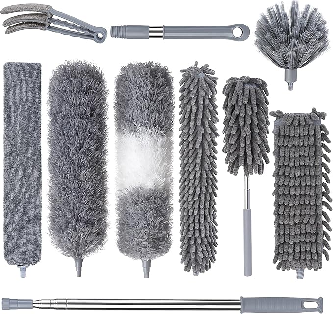 Dusters for Cleaning, Feather Duster Set, 10PCS Duster with Extension Pole Up to 100'' - Extendable, Bendable, and Washable for Ceilings, Chandeliers, and Furniture