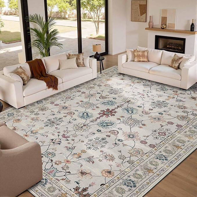 9x12 Rugs for Living Room & Bedroom,Floral Washable Rug,Boho Area Rug, Large Non Slip Low Pile Wool Carpet for Indoor Dining Room,Girls Room,Nursery Room and Kids Room(Grey 9x12ft)