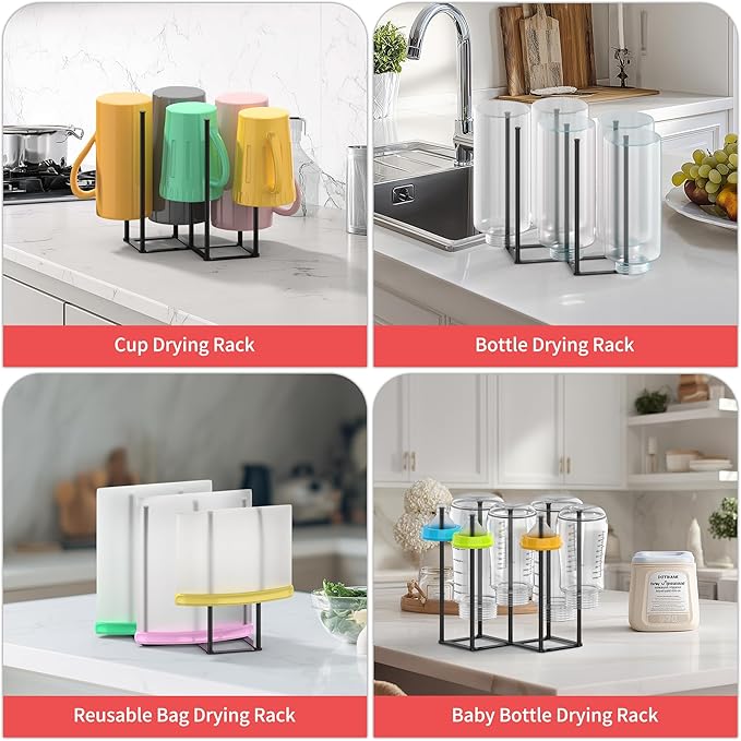 Collapsible Bottle Drying Rack, Baby Bottle Drying Rack, Foldable Cup Draining Holder, Retractable Reusable Silicone Bag Dryer with Non-Slip Bottom - Stainless Steel (Black)