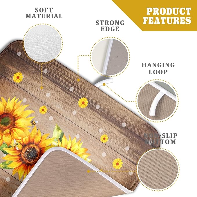 Summer Sunflower Bee Dish Drying Mat for Kitchen Counter,Rustic Yellow Flowers White Polka Dots Drying Mat 16 x 18 Inch with Absorbent Reversible Microfiber Drying Pad for Coffee Bar