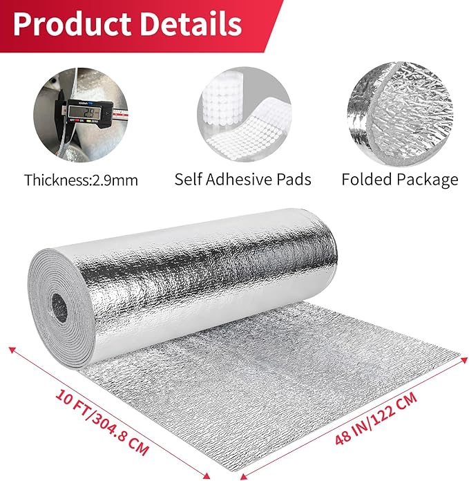 2.9 MM Reflective 48" X 10' Double-Sided Aluminium Insulation Foam Blanket Barrier, Thermal Shield Self Adhesive Pads for RV Window Garage Door Summer Heat