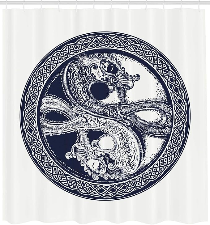 Ambesonne Celtic Dragon Shower Curtain, Mystic Yin Yang Creatures in Round Frame, Cloth Fabric Bathroom Decor Set with Hooks, 69" W x 75" L, Violet Blue Off White