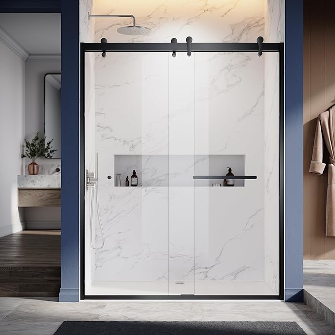 46"-48" W X 76" H Double Sliding Shower Door with Frame - Matte Black Hardware, 8mm Tempered Glass, Stainless Steel Hanger Rollers, Easy-Cleaning Coating, Through-Glass Towel Bar & Knob