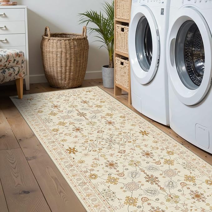 2x6 Floral Runner Rug, Washable Runners for Hallways, Apricot Vintage Boho Kitchen Rugs, Non Slip Hallway Runner Carpet for Indoor Hallway, Kitchen, Laundry Room and Bathroom