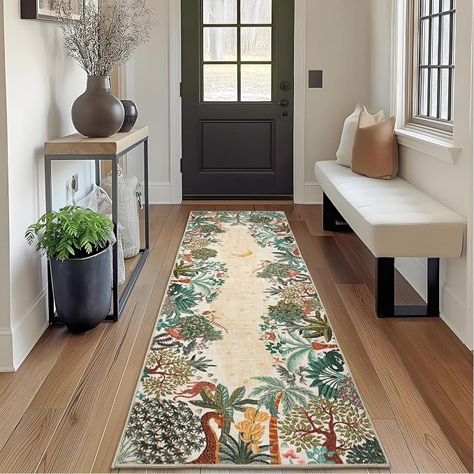 GarveeHome 2.5x8 Jungle Hallway Runner Rug, Soft Beige Animal Long Kitchen Runner Non Slip Entryway Rug Farmhouse Thin Laundry Mat Stain Resistant Carpet for Bathroom Beside